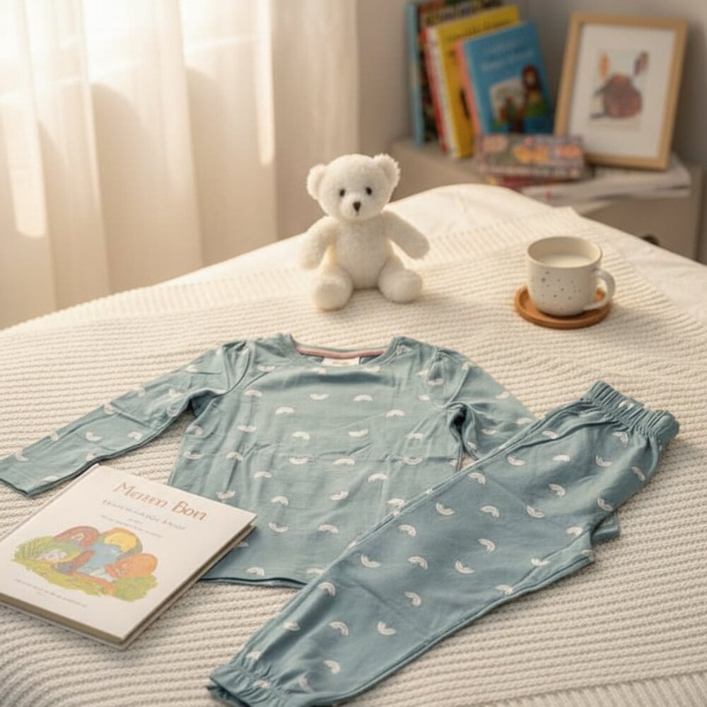 Blue Kids Pajama Set – Soft Cotton Nightwear with White Print - Picture 5 of 5